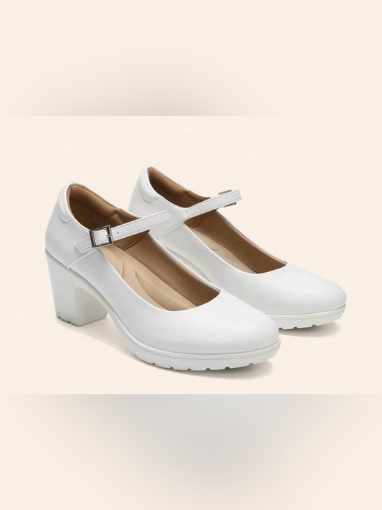 Hazel_M Shoes - Hazel_M Women’s White Mary Jane Chunky Block Heel Pumps Round Toe Size 6